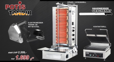 Paket Gyrosgrill F E3, Elektromesser Tandir 120 mit Netzteil, Kontaktgrill PK2600 + GRATIS GESCHENK